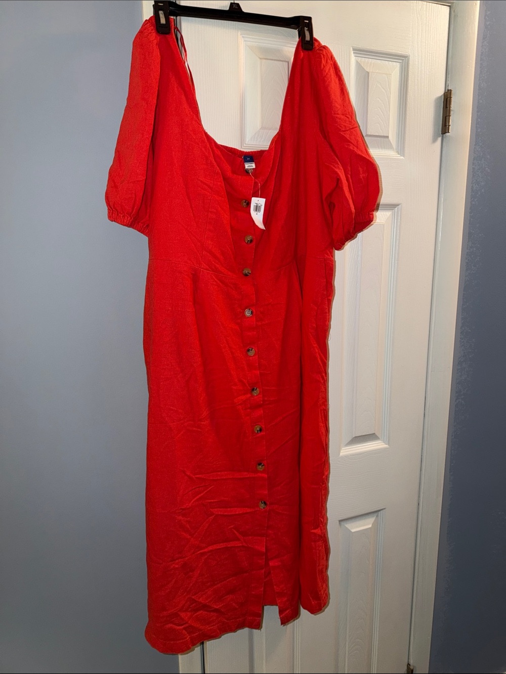 Old Navy Red Button-Front Midi Dress with Puff Sleeves